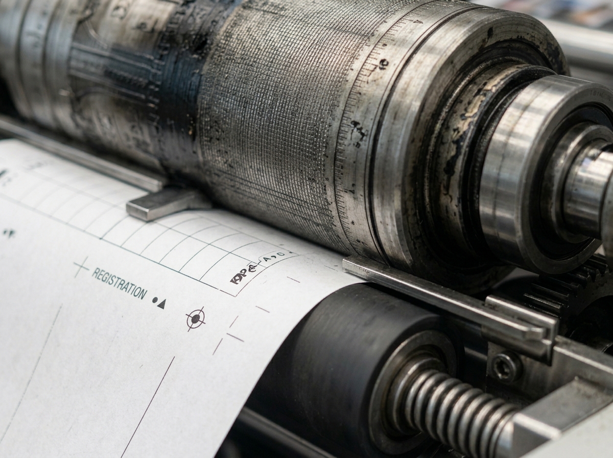 Close-up of offset printing press cylinder with registration marks